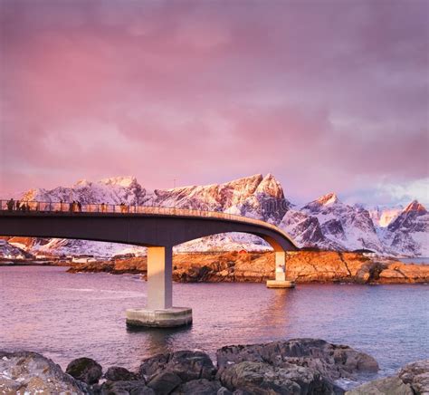 Beautiful Bridge At Sunrise In Lofoten Norway Stock Photo Image Of