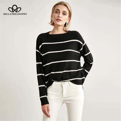 Bella Philosophy Autumn Winter Women Sweater Black And White Striped