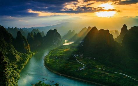 Landscape Nature Mountain River Sun Rays Clouds Village Mist China