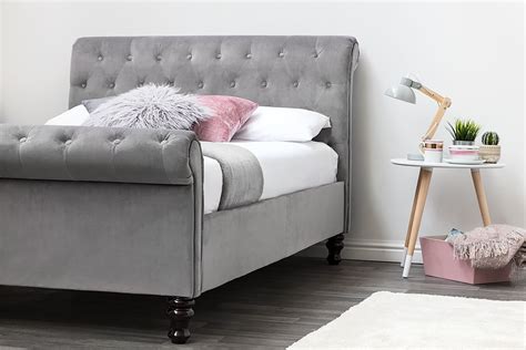 Lambeth Chesterfield Sleigh Grey Velvet Bed Frame Double King Size Double Bed Frame Bed