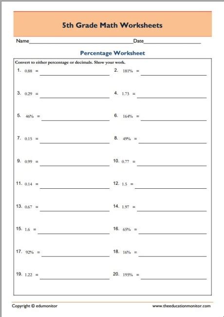 Free 5th Grade Math Worksheets Printables Edumonitor