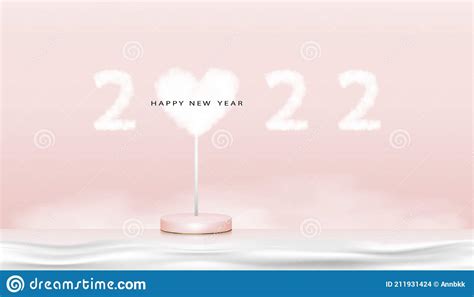 Happy New Year Banner In 3D Showcase Display With Heart And Fluffy 2022