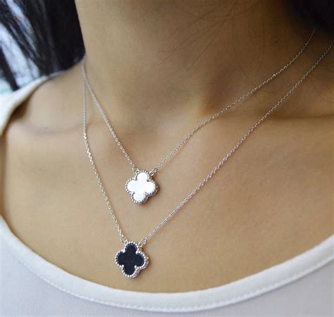 Mother Of Pearl Clover Necklace 925 Silver 18 K White Gold Etsy