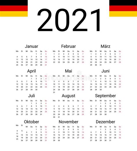 Calendario Alemania 2021 Plantilla De Diseño De Vector A Partir Del