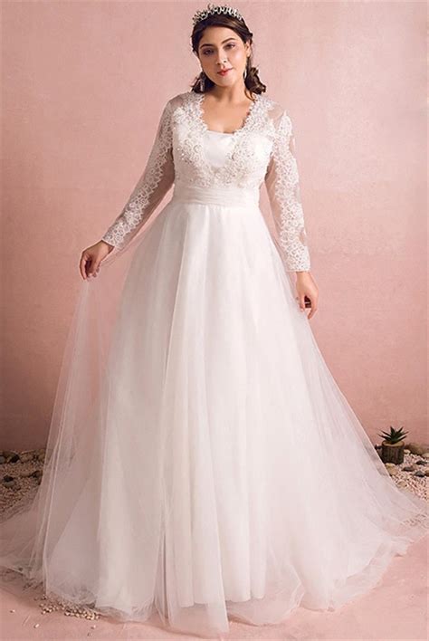 A Line Long Sleeve Tulle Lace Plus Size Wedding Dress With Buttons