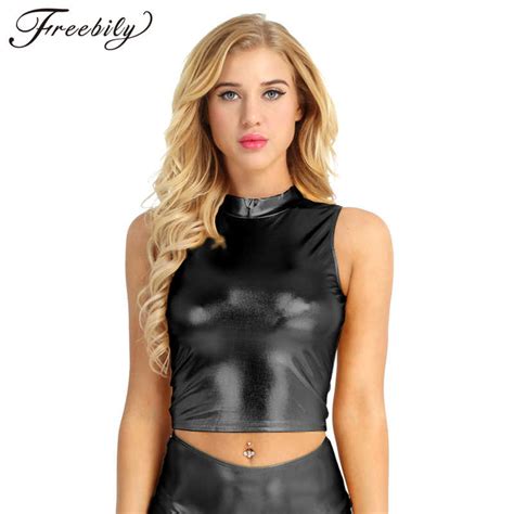 Sexy Female Wet Look Faux Leather Crop Top Women Sleeveless Tank Top