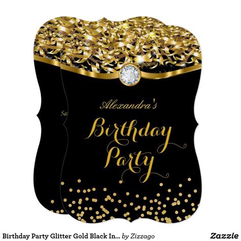 Birthday Party Glitter Gold Black Invitation Zazzle Black