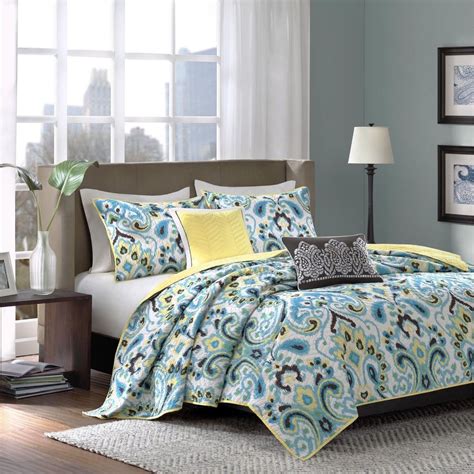 Beautiful 5pc Modern Chic Blue Aqua Teal Yellow White Black Soft Quilt