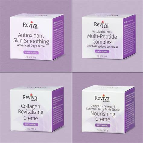 Four Boxes Of Reviva Multi Replening Creams On A Purple Background