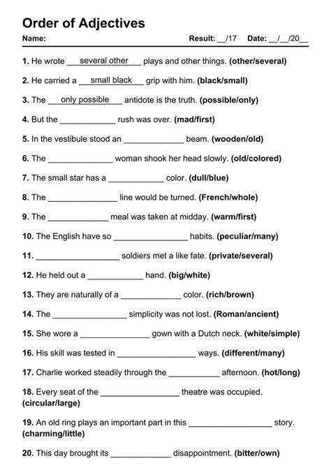 Printable Order Of Adjectives Pdf Worksheets With Answers Grammarism