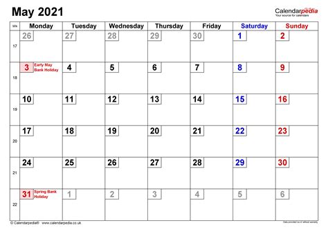 Calendar May 2021 Uk With Excel Word And Pdf Templates Riset