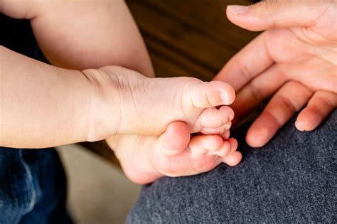Crossed Little Babys Legs And Mothers Hand Stock Photo Download Image