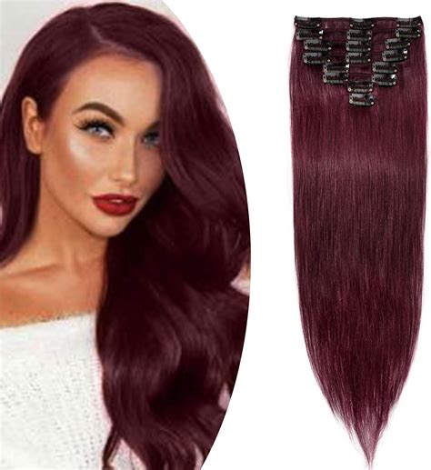 14″ Sego Clip In Hair Extensions Real Human Hair 99j Wine Red 8pcs
