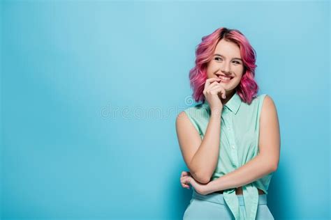 Woman With Pink Hair Smiling And Stock Image Image Of Hairstyle Minimal 198139423