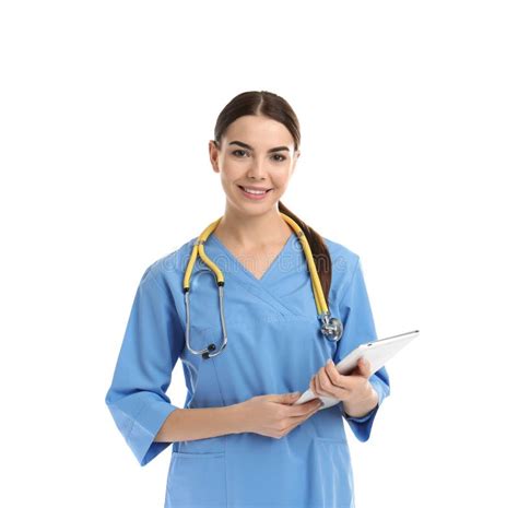 Portrait Of Medical Assistant With Stethoscope And Tablet Stock Image Image Of Medicine