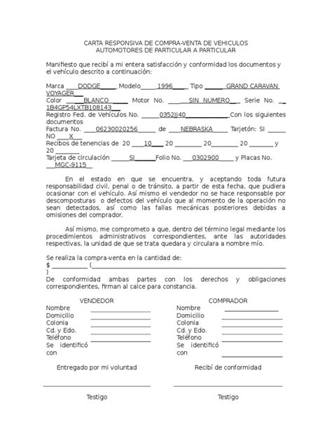 Machote Contrato De Compraventa De Autos Carta Responsiva Formato De