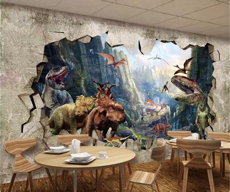 Dinosaurs Broken Wall Open Prehistoric World View 3d Wallpaper Mural