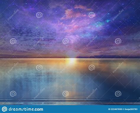 Dramatic Cloudy Sky On Sunset Nebula Lilac Pink Sea Water Reflection