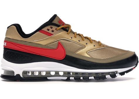 The upper is constructed with a the precious metal inspiration is complemented by black accents on the outsole, inner lining, heel. Nike Air Max 97 BW Metallic Gold University Red Black ...