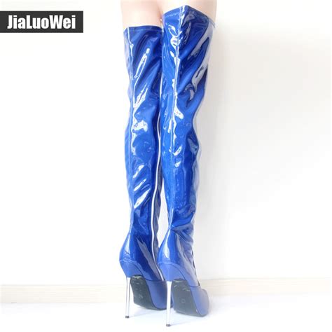 Sexy Fetish Unisex Long Boots Patent Leather 12cm Metal Thin Heel