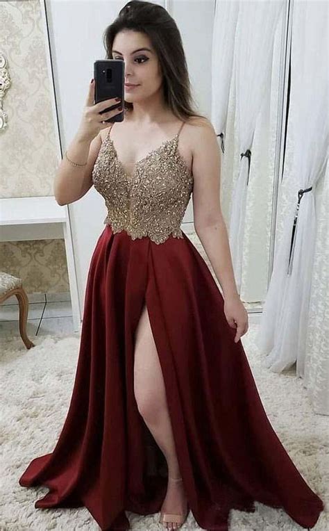 Strap A Line Maroon Long Beaded Prom Dress With Split And Gold Lace