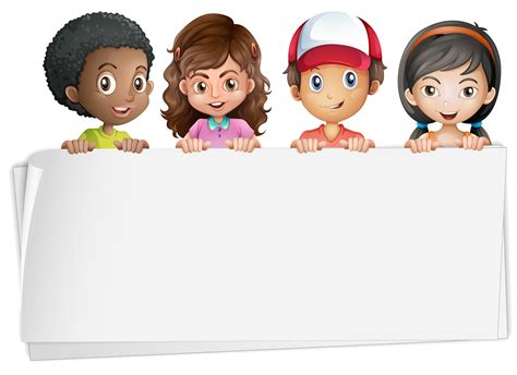 Happy Cartoon Kids With A Blank Sign Banner Outline S