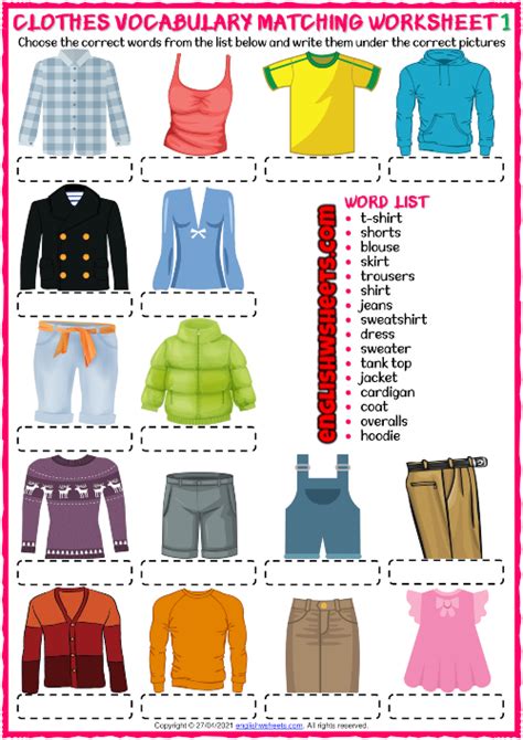 Clothes Esl Matching Exercise Worksheets