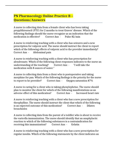 PN Pharmacology Online Practice B – Questions/Answers - PN Online