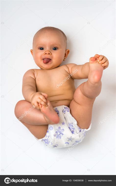 Cute Baby In Diaper Lying On Back Isolated On White — Stock Photo