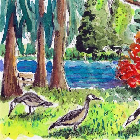 Garden Painting Original Watercolor Geese Painting Canadian Etsy
