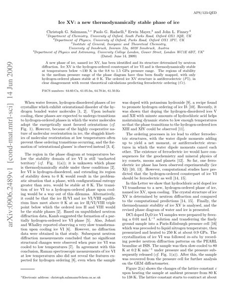 Pdf Ice Xv A New Thermodynamically Stable Phase Of Ice