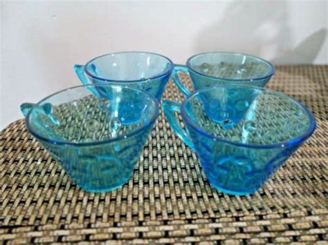 Vintage Set Hazel Atlas Capri Dot Aqua Tea Cups Turquoise Blue Ebay