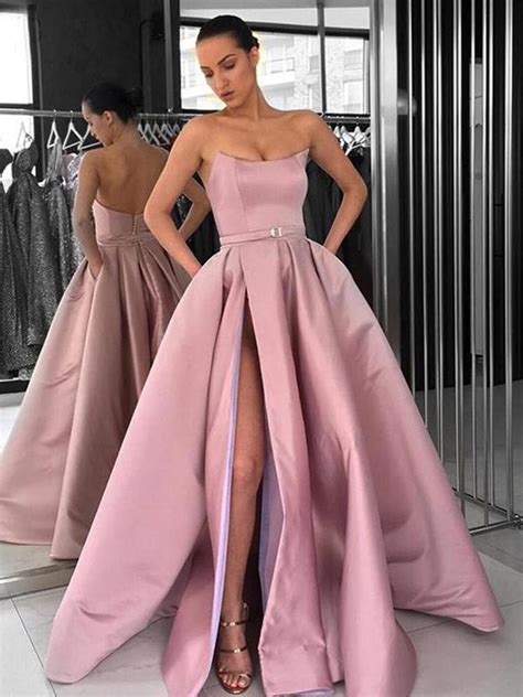 Sexy Slit Dusty Pink Satin Strapless Pockets Ball Gown Prom Dress