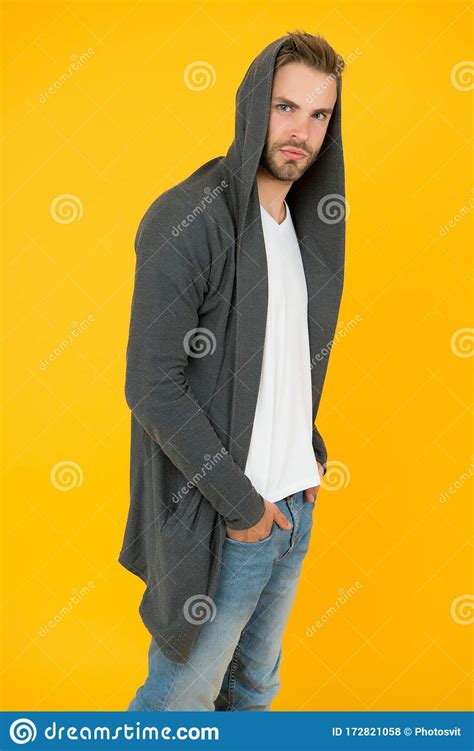 Fashion Design Gives Sporty Feel Fashion Man Yellow Background Handsome Guy Wear Hooded