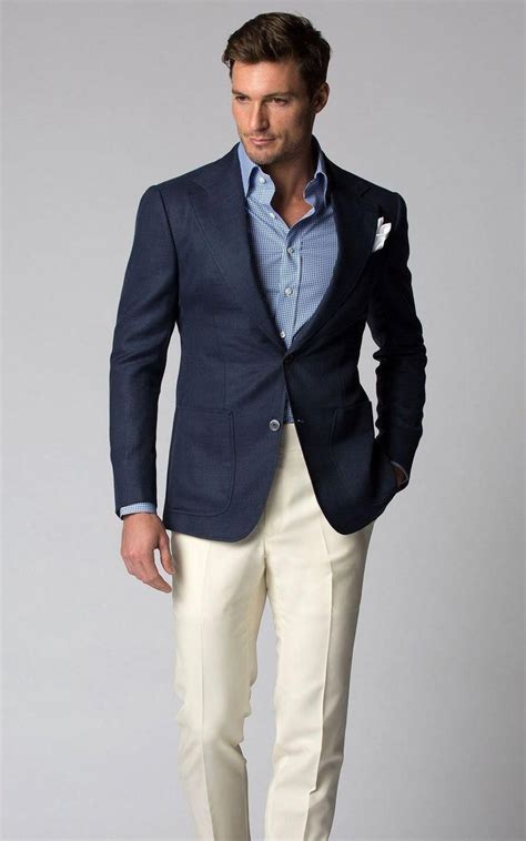 business casual combo inspiration with cream trousers navy blazer light blue shirt white linen