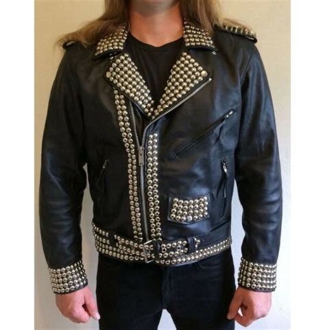 Mens Studded Leather Motorcycle Jacket Black Studs Spikes Rock Style