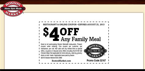 Get extra percentage off with bostonmarket.com coupon codes january 2021. Pinned August 20th, expired 24th: Family meals are $4 off ...