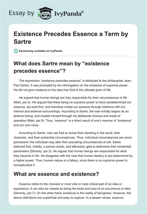 Existence Precedes Essence A Term By Sartre 624 Words Essay Example