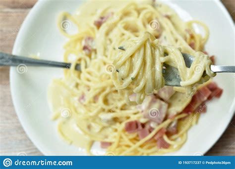 Spaghetti White Cream Sauce Topping Slice Ham Pork Rolling By Fork And