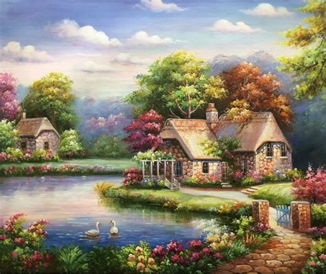 Hand Painted European Style Oil Canvas Painting Realist Forest House