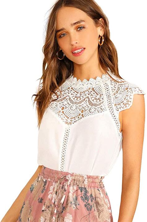 shein women s elegant sleeveless contrast lace chiffon blouses tops white l at amazon women s