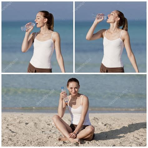 Woman Drinking Water From A Bottle On The Beach Collage Stock Photo Nilswey