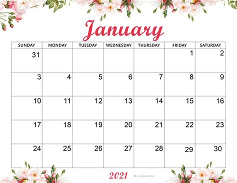 January 2021 Calendar With Holidays Printable Garland Sp