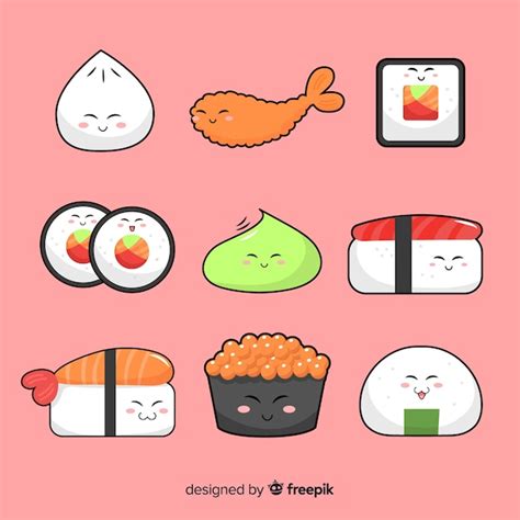 Free Vector Kawaii Hand Drawn Sushi Collection