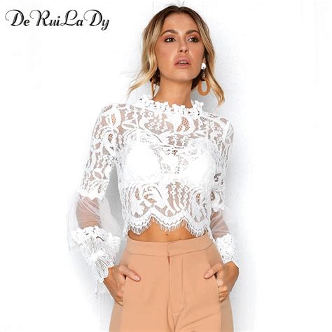 deruilady sexy hollow out white lace blouse shirt women elegant flare sleeve summer blouses