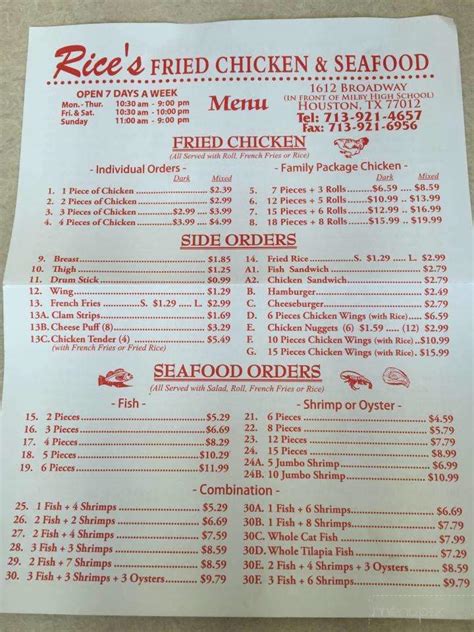 Branded as one of singapore's most unique dining experiences, the boiler is a seafood restaurant serving fresh seafood boiled together, hence the name the boiler. Online Menu of Rice's Fried Chicken & Seafood, Houston, TX