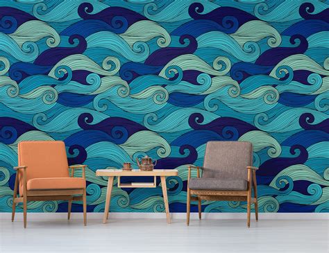 Blue Waves Wallpaper Self Adhesive Peel And Stick Wall Mural In 2020