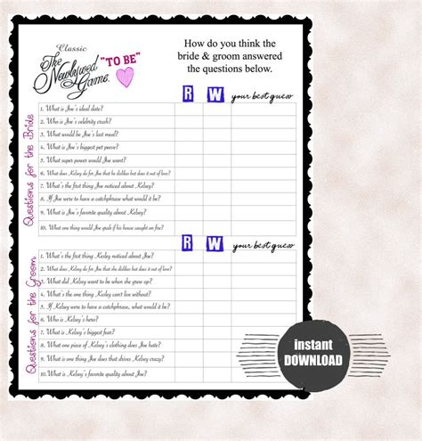 The Newlywed Game Wedding Shower Game Bachelorette Party Game Customized With Your Bride And