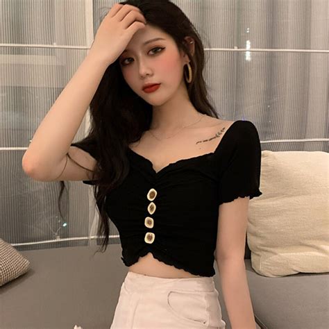 Sexy Slim Crop Top Women S Pleated Button T Shirt Fashion Casual V Neck Solid Short Sleeve