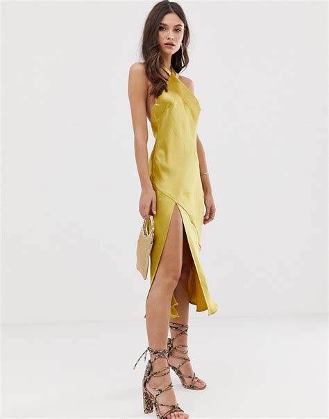 Buy Asos Design Midi Dress With Halter Neck Detail In High Shine Satin